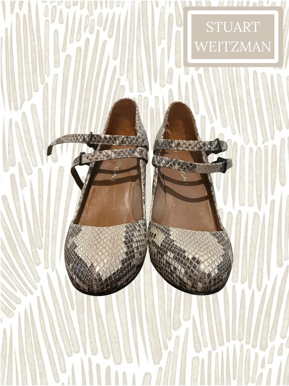 Stuart Weitzman Snake-Print Double-Strap Flats in Beige and Gray